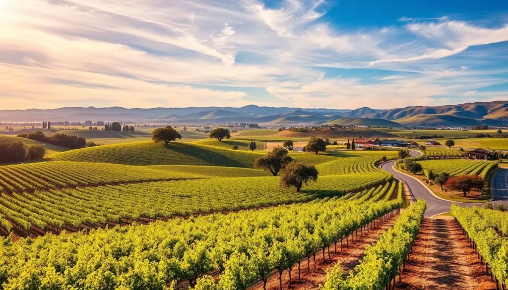 A scenic vista of the Temecula Valley wine region, nestled in the rolling hills of Southern California. Vibrant vineyards stretch across the lush, sun-dappled landscape, their verdant rows of trellised vines creating a captivating tapestry. In the distance, stately oak trees dot the horizon, their branches casting gentle shadows. A winding country road leads past charming family-owned wineries, their tasting rooms and picturesque patios inviting visitors to savor the region's renowned vintages. The sky overhead is a brilliant azure, with wispy clouds drifting lazily above. Warm, golden light filters through the scene, imbuing the entire vista with a sense of tranquility and rustic elegance.