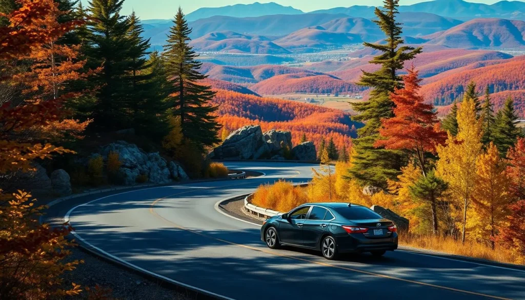 A scenic vista of the winding Kancamagus Highway, nestled amidst the majestic White Mountains of New Hampshire. In the foreground, a sleek sedan navigates the smooth, serpentine road, framed by vibrant foliage in shades of gold, amber, and crimson. The middle ground reveals towering evergreen pines and rocky outcroppings, casting dramatic shadows across the landscape. In the distance, a panoramic view of rolling hills and peaks, bathed in the warm glow of a late afternoon sun. The scene exudes a sense of tranquility and adventure, inviting the viewer to explore the scenic byway and discover its natural splendor.