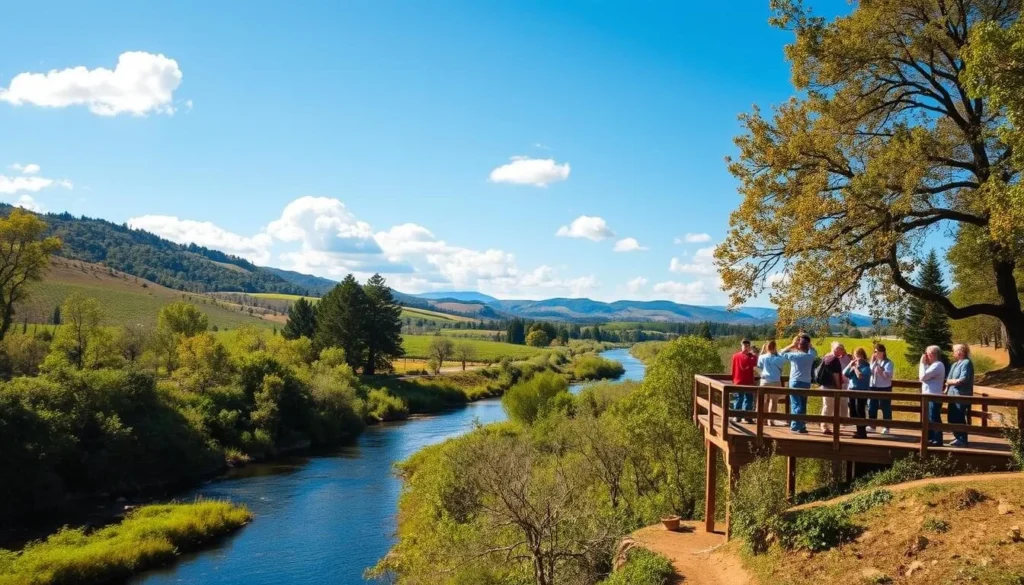 A scenic wildlife observation along the winding Napa River, with a lush, verdant riparian habitat in the foreground. In the middle ground, a wooden observation deck overlooking the tranquil river, where a group of birdwatchers and nature enthusiasts are quietly observing the diverse avian life. The background features rolling hills, vineyards, and a clear blue sky with fluffy white clouds, creating a serene and picturesque landscape. Warm, natural lighting filters through the trees, casting a golden glow over the scene. The overall mood is one of peaceful coexistence between humans and the vibrant wildlife of the Napa River ecosystem.