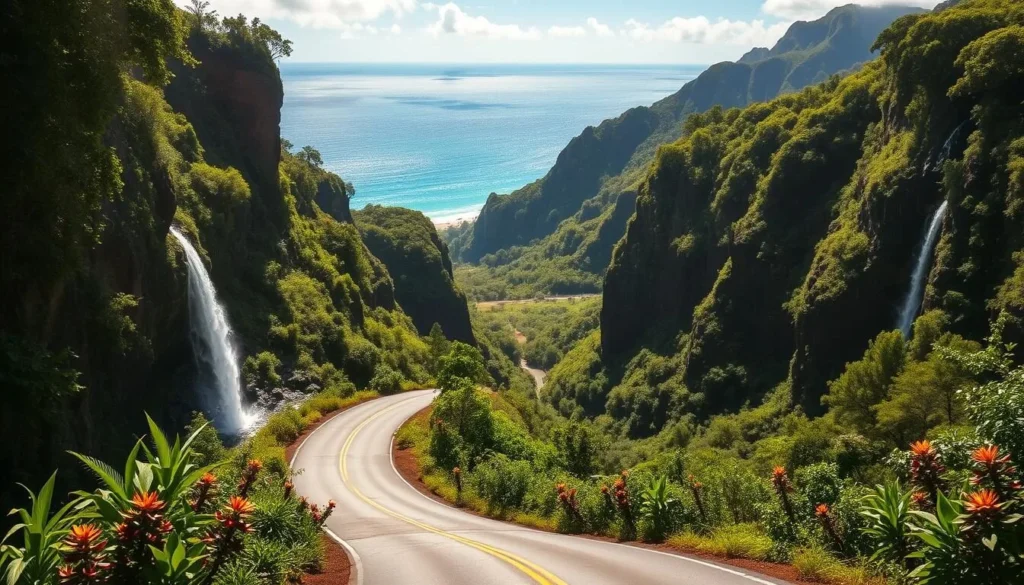 A scenic winding road cuts through the lush, verdant forests of Maui's Hana region. Towering cliffs and cascading waterfalls flank the route, which twists and turns through a breathtaking tropical landscape. Sunlight filters through the dense canopy, casting a warm, golden glow over the scene. In the distance, the azure Pacific Ocean glistens under a clear sky. Roadside flowers and foliage provide pops of vibrant color, inviting the viewer to immerse themselves in the natural beauty of this legendary Hawaiian thoroughfare.