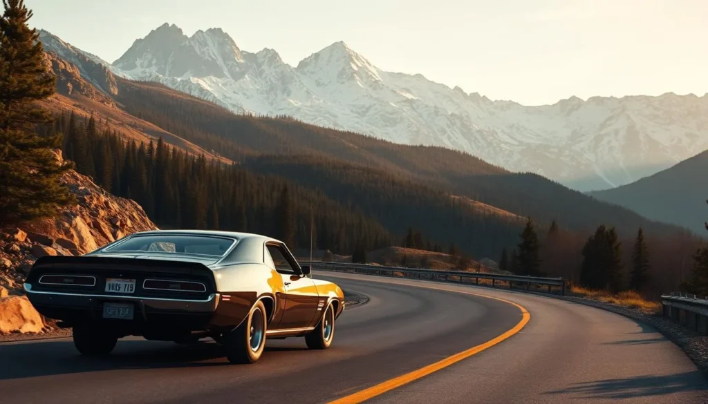 A scenic winding road cutting through rugged mountain terrain, with towering peaks in the distance. The foreground features a classic American muscle car cruising along the tarmac, its sleek silhouette reflecting the warm afternoon sunlight. The middle ground showcases lush pine forests and rolling hills, while the background is dominated by majestic snow-capped mountains bathed in soft, golden hues. The overall atmosphere is one of adventure, freedom, and the thrill of the open road, with a sense of tranquility and awe-inspiring natural beauty.