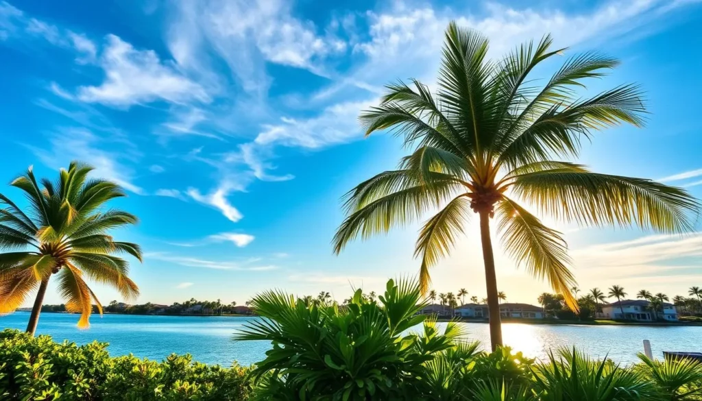 A scenic winter landscape in Cape Coral, Florida. A serene waterfront scene with palm trees swaying in a gentle breeze, their fronds casting soft shadows on the calm, turquoise waters of the Caloosahatchee River. The sky is a vibrant blue, with wispy cirrus clouds drifting overhead. In the foreground, lush tropical foliage lines the riverbank, creating a lush, verdant backdrop. The sun's warm rays filter through the leaves, casting a golden glow over the entire scene. In the distance, a few residential homes can be seen, their pastel-colored facades blending harmoniously with the natural surroundings. The overall atmosphere conveys a sense of tranquility and the laid-back charm of a Florida winter day.