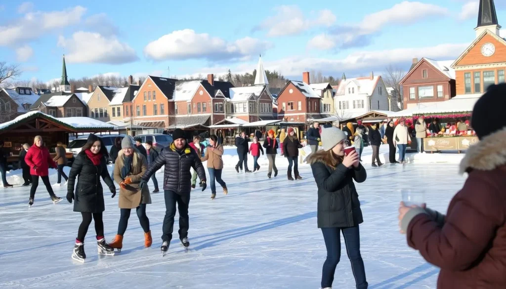 A scenic winter wonderland in St. Cloud, Minnesota, showcasing the best seasonal activities. In the foreground, a group of people ice skating on a frozen lake, their laughter and movement captured in dynamic poses. In the middle ground, families strolling through a charming outdoor market, browsing handcrafted goods and sipping hot beverages. The background features a picturesque town with historic buildings dusted in snow, set against a clear blue sky with fluffy clouds. Warm, natural lighting illuminates the scene, creating a cozy and inviting atmosphere. The overall composition evokes the vibrant energy and festive spirit of St. Cloud during the most magical time of the year.