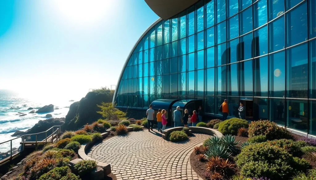 A seaside aquarium sits nestled along the Oregon coast, its glass facade reflecting the bright azure sky and glistening waves. Inside, schools of vibrant tropical fish and marine life swim gracefully, backlit by the warm, natural light flooding through the floor-to-ceiling windows. Visitors gaze in awe, their faces aglow as they explore the underwater world. A central atrium features a towering kelp forest, its fronds swaying gently. Surrounding the aquarium, cobblestone pathways wind through lush gardens, leading to scenic overlooks offering panoramic views of the rugged, windswept cliffs and the vast, shimmering Pacific Ocean beyond.