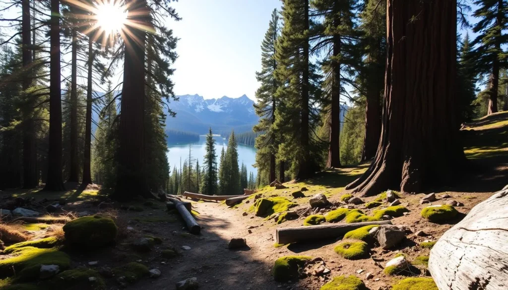 A secluded trail winds through a lush Sequoia forest, the sun's golden rays filtering through the towering trees. Mossy rocks and fallen logs line the path, inviting hikers to explore the untamed terrain. In the distance, a pristine alpine lake reflects the rugged mountains, their snow-capped peaks reaching for the boundless sky. A sense of tranquility and adventure permeates the scene, beckoning the viewer to venture off the beaten path and discover the hidden wonders of this untamed wilderness.