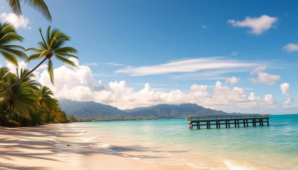 A serene Hawaiian beach, with gently lapping waves caressing the soft, golden sand. Lush, verdant palm trees sway in the warm breeze, casting dappled shadows across the idyllic scene. In the distance, majestic volcanic mountains rise, their peaks shrouded in wispy clouds. The sky is a brilliant azure, dotted with fluffy white clouds that reflect in the crystal-clear turquoise waters. A picturesque wooden pier juts out into the tranquil ocean, inviting visitors to stroll and take in the breathtaking panorama. The overall atmosphere exudes a sense of peaceful paradise, perfectly capturing the essence of Hawaii's island bliss.
