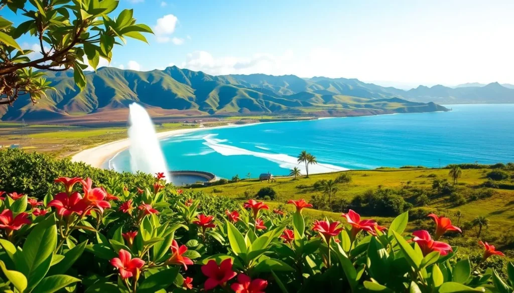 A serene Hawaiian landscape, with the majestic Spouting Horn blow hole as the focal point. In the foreground, lush tropical foliage and vibrant flowers sway gently in the warm breeze. The middle ground reveals a picturesque beach, with soft white sand and turquoise waters lapping at the shore. In the background, rolling green hills and distant mountains create a stunning natural backdrop, bathed in the warm, golden light of a perfect sunny day. The scene exudes a sense of tranquility and natural beauty, inviting the viewer to explore the nearby attractions and activities that this idyllic Hawaiian locale has to offer.