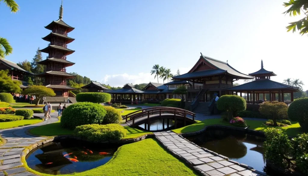 A serene Japanese garden oasis, the Byodo-In Temple's amenities nestled in a lush, verdant landscape. Immaculate stone paths wind through tranquil ponds, koi fish lazily swimming beneath a wooden arched bridge. Towering pagodas and ornate pavilions dot the scene, their intricate architecture bathed in warm, natural lighting. Visitors stroll leisurely, admiring the harmonious blend of nature and man-made elements. Soft shadows dance across the ground, creating a soothing, meditative atmosphere. The entire grounds exude a sense of peaceful contemplation, inviting guests to fully experience the beauty and serenity of this iconic Hawaiian landmark.
