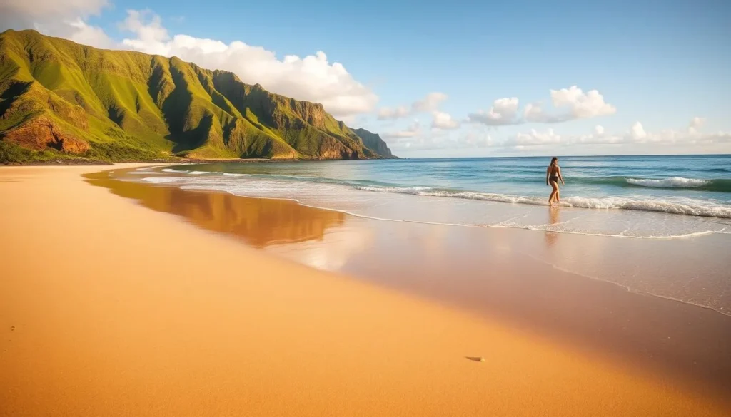 A serene Kauai beach, the sand glittering under the warm Hawaiian sun. Gentle waves caress the shore, their soothing rhythm inviting visitors to pause and savor the tranquility. In the distance, verdant cliffs rise, their lush foliage reflecting in the crystalline waters. A lone beachgoer strolls along the edge of the tide, savoring the solitude and breathtaking vistas. The scene exudes a sense of peaceful isolation, perfectly capturing the essence of experiencing a quieter Kauai, away from the crowds. Captured with a wide-angle lens to showcase the vast expanse of the beach and the stunning natural setting.