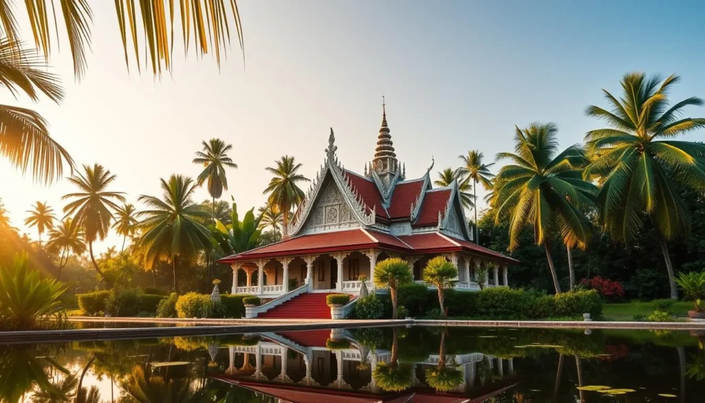 A serene Mekong Delta temple nestled amidst lush tropical foliage. Ornate carved roofs and intricate facades bathed in warm afternoon sunlight. Peaceful reflection pools in the foreground, mirroring the temple's grandeur. Towering palm trees sway gently in the background, creating a tranquil atmosphere. Vibrant hues of green, gold, and orange blend harmoniously. Capture the timeless essence of Vietnamese cultural heritage in a breathtaking landscape.