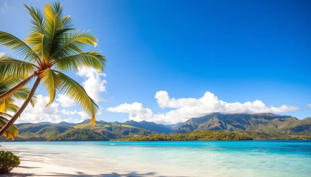 A serene Samoan landscape during the dry season, sun-dappled palm fronds sway gently in the balmy breeze. In the foreground, a pristine white-sand beach meets the turquoise waters of the Pacific, lapping softly at the shore. Fluffy clouds drift across a brilliant azure sky, casting soft shadows on the lush, verdant hills in the middle ground. Towering volcanic peaks rise majestically in the distance, their rugged slopes softened by the hazy golden light of late afternoon. An idyllic scene of tranquility and natural beauty, perfectly capturing the weather-savvy allure of Samoa during its most pleasant time of year.