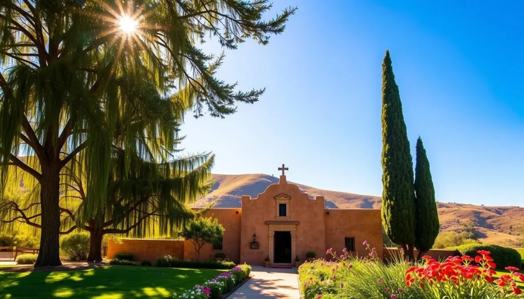 A serene adobe structure, the Pena Adobe, stands majestically against a backdrop of lush rolling hills and a clear blue sky. The sun casts a warm, golden glow, illuminating the rich, earthy tones of the adobe walls. Tall, swaying trees frame the scene, their verdant foliage providing a gentle contrast. In the foreground, a well-tended garden bursts with vibrant flowers, inviting visitors to explore the rich history and natural beauty of this historic site. The overall atmosphere is one of tranquility and timelessness, capturing the essence of Lagoon Valley's enduring legacy.