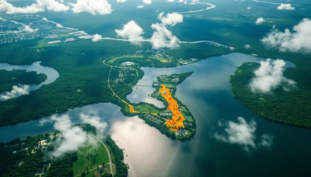 A serene aerial view of Cape Coral, Florida, showcasing its intricate rainfall patterns. Lush green foliage and sparkling waterways create a picturesque landscape, with sunlight gently filtering through wispy clouds. Precise weather data is depicted through detailed precipitation heatmaps, revealing the seasonal variances in rainfall across the region. The image captures the tranquil atmosphere and the importance of understanding local climate dynamics for planning a weather-savvy trip to this coastal oasis.