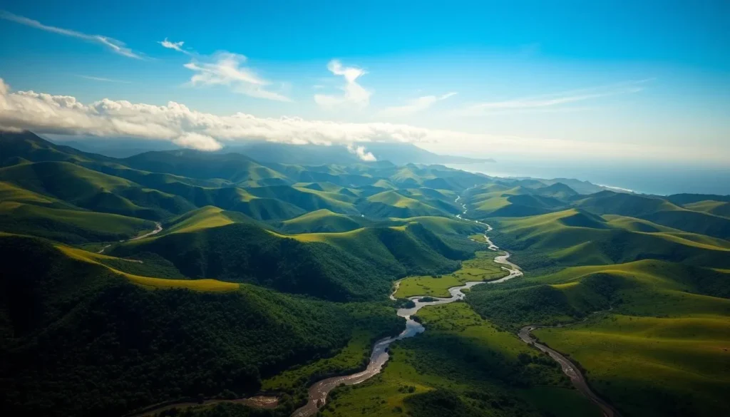 A serene aerial vista of lush, verdant landscapes in the Northern Mariana Islands, bathed in warm, diffused sunlight. Rolling hills and valleys are crisscrossed by a network of shimmering streams and rivulets, their flowing patterns reflecting the natural rhythms of rainfall. In the distance, wispy clouds drift lazily across a clear, azure sky, casting gentle shadows that dance across the terrain. The scene conveys a sense of tranquility and the beauty of the islands' tropical climate, perfectly capturing the essence of the "Rainfall and Precipitation Patterns" section of the article.