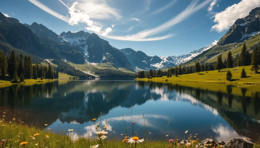 A serene alpine lake nestled amidst lush meadows and towering peaks. Sunlight dances across the calm, mirror-like surface, casting shimmering reflections of the surrounding evergreen forests and snow-capped mountains. In the foreground, wildflowers sway gently in a light breeze, creating a picturesque pastoral scene. Wisps of clouds drift lazily overhead, lending a sense of tranquility to the idyllic landscape. Capture the peaceful solitude and natural beauty of this hidden gem in Northern California's mountain wilderness.