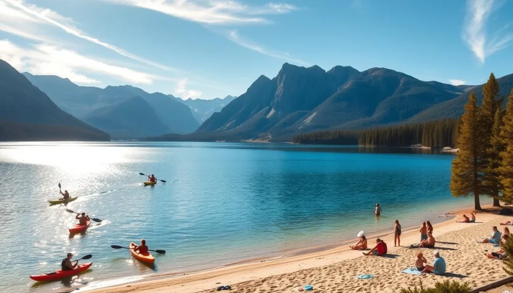 A serene alpine lake nestled amidst majestic granite peaks, its azure waters sparkling under the summer sun. In the foreground, people kayak and paddleboard, their silhouettes casting reflections on the glassy surface. The middle ground features beachgoers relaxing on the sandy shore, some building sandcastles while others toss frisbees. Towering pines line the lakeshore, their verdant canopies providing a natural backdrop. Warm, golden light filters through wispy clouds, creating a picturesque and inviting atmosphere. Capture the essence of Lake Tahoe's summer allure, where outdoor adventure and serene beauty converge.