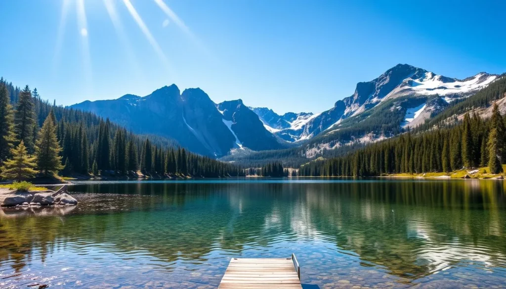 A serene alpine lake nestled amidst the majestic Sierra Nevada mountains, its crystal-clear waters reflecting the surrounding granite peaks and lush evergreen forests. Sunlight dances across the surface, casting a warm glow on the tranquil scene. In the foreground, a small wooden dock extends into the lake, inviting visitors to cast a line or simply enjoy the peaceful ambiance. The middle ground features rugged, snow-capped ridges, while the background is dominated by towering, snow-dusted summits that rise dramatically against a vibrant blue sky. The overall atmosphere is one of natural beauty and outdoor adventure, perfect for a day trip from the nearby Pine Flat Lake.
