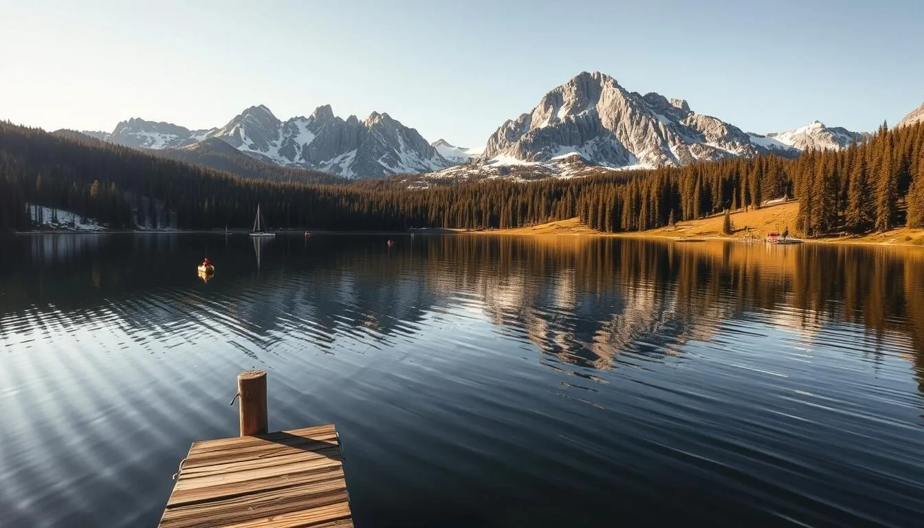 A serene alpine lake nestled amidst towering granite peaks, Huntington Lake in California's Sierra Nevada mountains. Capture the tranquil, mirror-like surface reflecting the lush evergreen forests and snow-capped ridges surrounding it. Sunlight dances on the rippling waters, casting a warm, golden glow across the scene. In the foreground, a wooden dock juts out into the lake, inviting visitors to enjoy the peaceful setting. In the middle ground, kayaks and small boats dot the calm waters, while hikers traverse the trails that wind through the verdant landscape. The background showcases the majestic, jagged silhouette of the rugged Sierra Nevada mountains, creating a breathtaking, picturesque tableau.