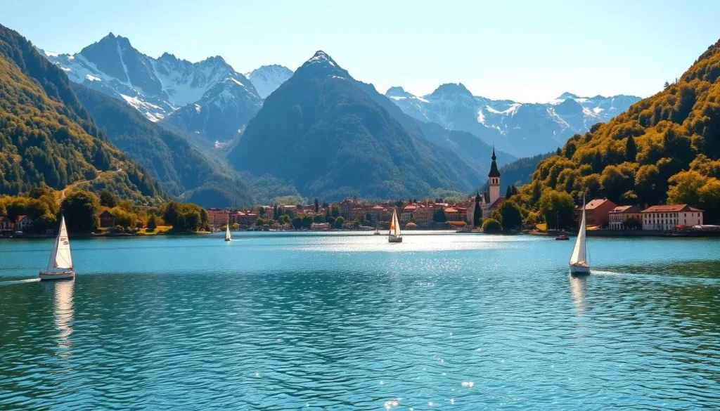 A serene alpine lake nestled among the majestic Swiss Alps, Lake Lucerne glistens under the warm golden light of a clear summer day. In the foreground, crystalline waters reflect the towering peaks and lush, verdant shores. Sailboats and small fishing boats dot the surface, creating a picturesque scene. In the middle ground, quaint villages and historic landmarks line the lakeside, their charming architecture and colorful facades complementing the natural beauty. The background is dominated by the dramatic, snow-capped mountains that rise up on all sides, their rugged peaks piercing the boundless blue sky. An aura of tranquility and timeless elegance permeates the entire landscape, inviting the viewer to immerse themselves in the serene splendor of this Swiss gem.