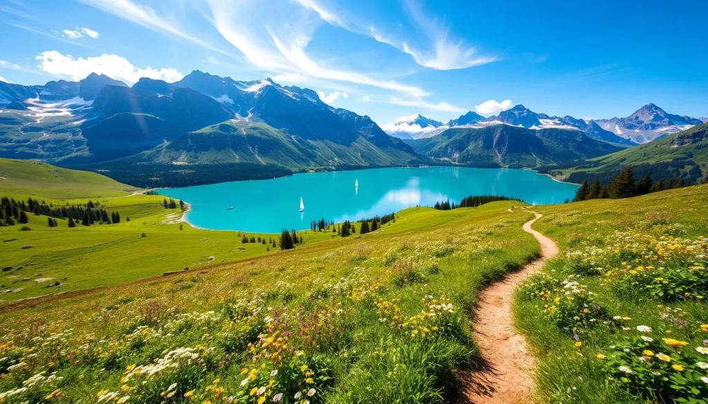 A serene alpine landscape in Graubünden, Switzerland during the summer season. Vibrant green meadows dotted with wildflowers stretch out towards the towering snow-capped peaks in the distance. A crystal-clear turquoise lake reflects the surrounding mountains, with a handful of sailboats gliding across its calm surface. Warm sunlight filters through wispy clouds, casting a soft, golden glow over the entire scene. In the foreground, a hiking trail winds through the lush foliage, inviting the viewer to explore the natural beauty of this picturesque Swiss canton.