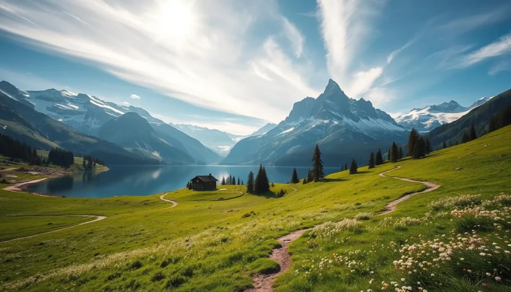 A serene alpine landscape in the Diemtigtal Nature Park, Switzerland. Lush green meadows dotted with wildflowers, surrounded by towering snow-capped peaks reflected in a crystalline lake. Sunlight filters through wispy clouds, casting a warm glow over the scene. A winding hiking trail leads through the foreground, inviting exploration of this pristine natural wonder. In the middle ground, a traditional Swiss chalet nestles among the trees, a cozy respite for weary travelers. The background features the majestic Niederhorn mountain range, its jagged silhouette standing proud against the azure sky. An idyllic, picturesque setting that captures the essence of the Diemtigtal region.