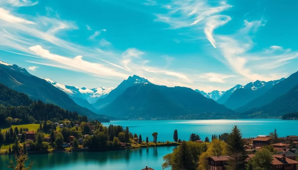 A serene alpine landscape with Annecy Lake nestled amidst majestic snow-capped mountains. In the foreground, the calm, turquoise waters reflect the surrounding peaks and lush, verdant shores. Wispy clouds drift lazily across a bright, azure sky, illuminated by warm, golden sunlight filtering through. In the middle ground, charming wooden chalets and quaint buildings dot the shoreline, their traditional Savoyard architecture blending seamlessly with the natural beauty. The distant mountains rise majestically, their jagged, rugged forms silhouetted against the horizon. An idyllic, serene scene that captures the Alpine splendor and tranquility of this French gem.
