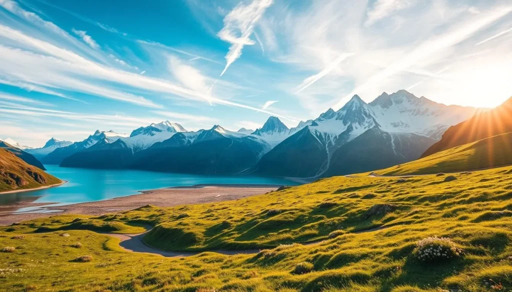 A serene alpine landscape with the iconic Five Lakes Trail winding through the foreground. Lush green meadows dotted with wildflowers lead the eye towards a glimmering glacial lake, its turquoise waters reflecting the majestic peaks of the Pennine Alps. Wispy clouds drift across a bright, azure sky, casting soft shadows on the rugged terrain. Tall, snow-capped mountains rise majestically in the background, their jagged silhouettes framing the scene. The warm, golden hues of the afternoon sun bathe the entire vista in a tranquil, inviting glow, creating a peaceful, contemplative atmosphere.