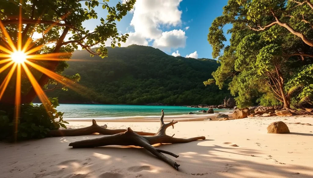 A serene and captivating sunrise over the pristine shores of Cape Tribulation, Queensland. The golden rays gently illuminate the lush, verdant foliage and the tranquil waters of the Coral Sea, creating a breathtaking and picturesque scene. In the foreground, the soft, sandy beach is dotted with driftwood and rocks, while in the middle ground, the vibrant green of the tropical rainforest canopy contrasts with the deep blue of the sky. The scene is bathed in a warm, mellow glow, conveying a sense of peace and tranquility. Captured through a wide-angle lens, the image showcases the stunning natural beauty of this iconic Australian destination.