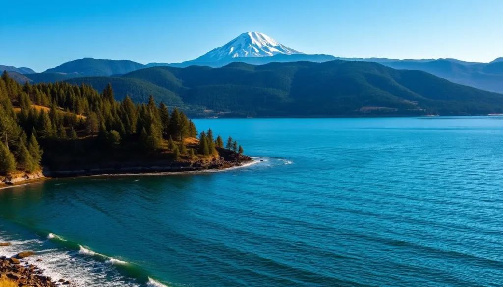 A serene and expansive view of Shasta Lake, California's largest reservoir, nestled among the rugged peaks of the Cascade Range. In the foreground, the pristine blue waters glisten under warm, golden sunlight, with gentle waves lapping against the rocky shoreline. The middle ground features lush, verdant forests and rolling hills, creating a picturesque backdrop. In the distance, the majestic snow-capped summit of Mount Shasta looms, its towering presence reflected in the tranquil lake. The scene exudes a sense of tranquility and natural wonder, capturing the essence of this magnificent natural wonder.