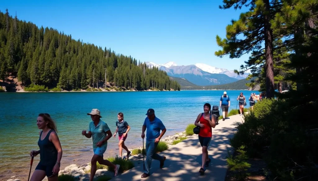 A serene and family-friendly hiking scene along the tranquil shores of Lower Blue Lake in California. In the foreground, a group of hikers of all ages explore the well-maintained trails, their laughter and chatter echoing across the crystalline waters. The middle ground features lush, verdant pine forests climbing the surrounding hills, their branches casting dappled sunlight on the path. In the distance, the majestic peaks of the Sierra Nevada mountains rise, their snow-capped summits glowing in the golden afternoon light. The mood is one of adventure, exploration, and togetherness, capturing the essence of a perfect day spent outdoors with loved ones.
