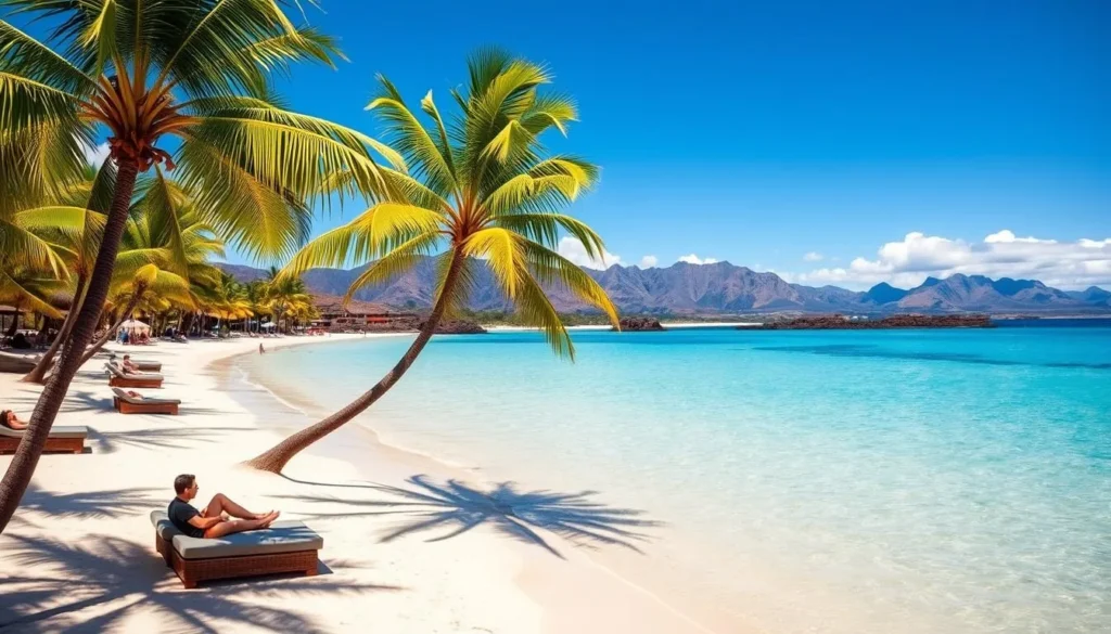 A serene and idyllic scene of Ko Olina Lagoon 4 beach on the island of Oahu, Hawaii. The crystal-clear turquoise waters gently lap against the soft, white sand, framed by lush, swaying palm trees. Beachgoers relax on plush loungers, enjoying the warm, golden sunshine and gentle ocean breeze. In the distance, the rugged volcanic landscape creates a stunning backdrop, with distant mountains casting gentle shadows. The atmosphere is one of pure tranquility and relaxation, inviting visitors to unwind and soak in the natural beauty of this tropical paradise.