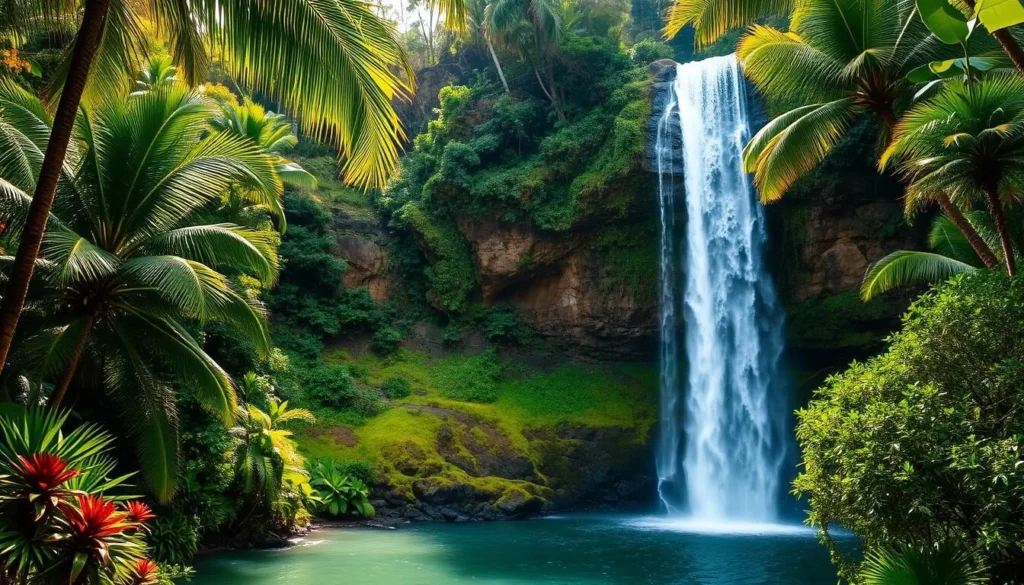 A serene and majestic waterfall cascading down a lush, verdant cliff face in the heart of Hālawa Valley, Molokai, Hawaii. Sunlight filters through the verdant canopy, casting a warm, golden glow over the cascading waters as they tumble over the rocky outcrop, forming a tranquil pool below. The surrounding foliage is rich and vibrant, with towering palms and tropical flora framing the stunning natural wonder. The scene exudes a sense of tranquility and wonder, capturing the essence of Molokai's natural beauty and the grandeur of Mo'oula Falls, the crown jewel of Hālawa Valley.