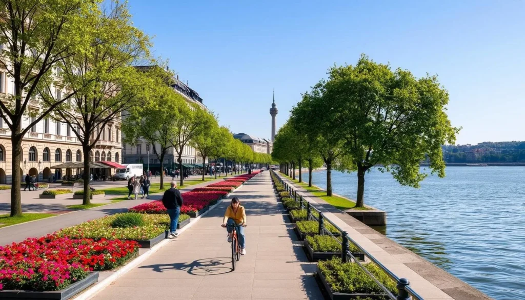 A serene and picturesque Rhine promenade in Düsseldorf, Germany, on a bright, sunny day. The wide, tree-lined walkway hugs the banks of the majestic Rhine River, offering stunning views of the city's skyline and the iconic Rheinturm tower in the distance. Elegant historical buildings line the promenade, their facades reflecting in the calm, glimmering waters. Pedestrians and cyclists leisurely stroll or bike along the path, enjoying the tranquil atmosphere and the gentle breeze off the river. Vibrant flower beds and lush greenery add pops of color to the serene scene, creating a peaceful and inviting ambiance perfect for a relaxing afternoon.