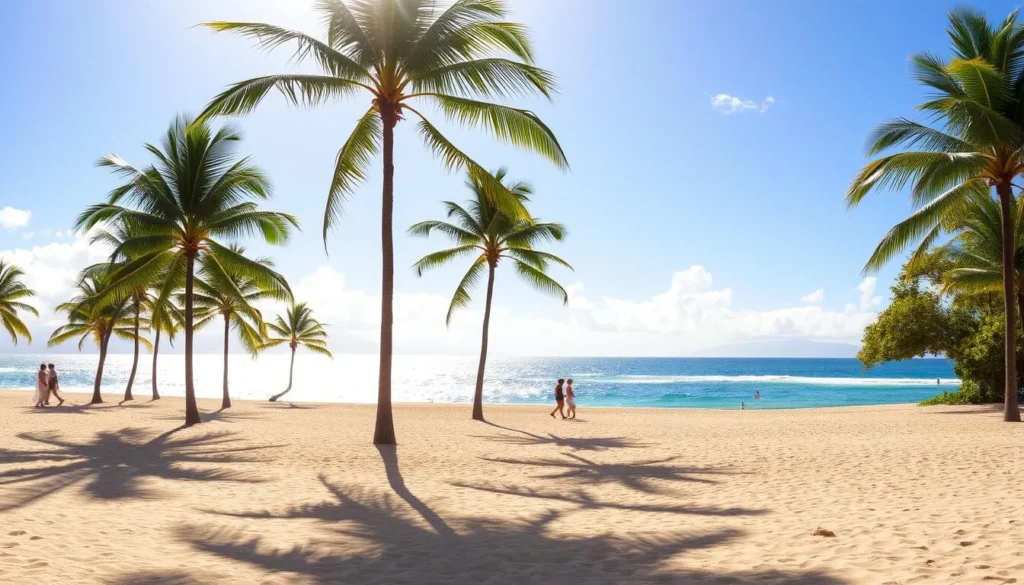 A serene and picturesque scene of Ala Moana Regional Park in Honolulu, Hawaii. A pristine sandy beach stretches out, flanked by lush palm trees swaying gently in the warm breeze. In the background, the sparkling azure waters of the Pacific Ocean glisten under the bright, sun-dappled sky. A few beachgoers leisurely stroll along the shore, taking in the breathtaking natural beauty. The tranquil atmosphere is accentuated by the soft, warm lighting that casts a golden glow over the entire landscape, creating a peaceful and inviting ambiance.
