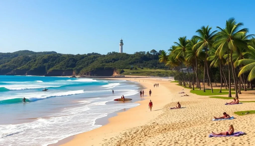 A serene and picturesque view of Byron Bay Main Beach on a pleasant day. The crystal clear turquoise waters of the Pacific Ocean gently lap against the golden sand, framed by lush green hills and the iconic Cape Byron lighthouse in the distance. People leisurely stroll along the shoreline, enjoying the warm sunshine and the gentle sea breeze. Surfers paddle out to catch the rolling waves, while beachgoers relax on their towels, soaking up the tranquil atmosphere. Tall palm trees sway in the background, casting dappled shadows across the scene. The whole landscape is bathed in a soft, natural light, creating a calming and inviting ambiance.