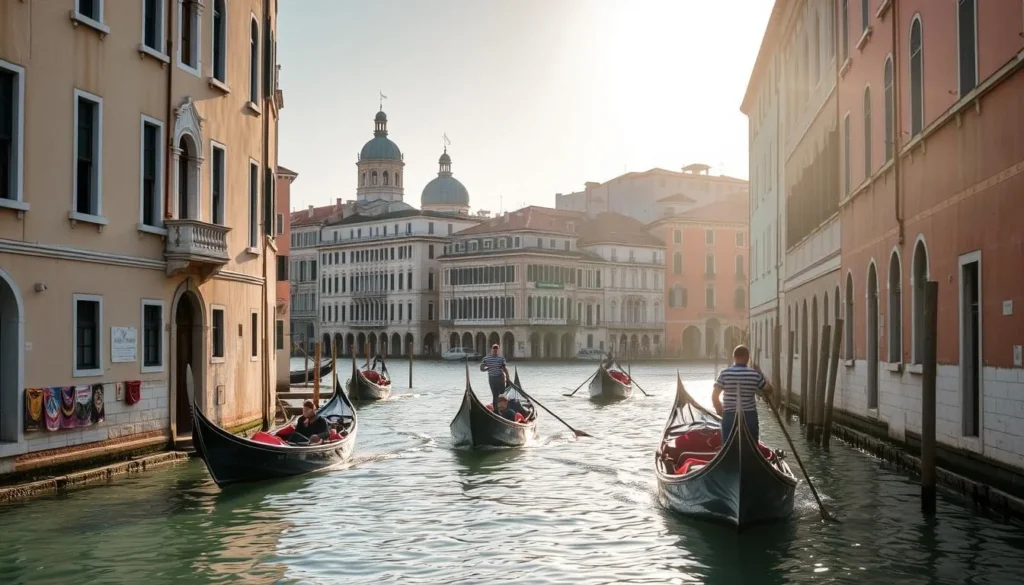 A serene and picturesque view of the iconic Venice canals, with gently lapping waters reflecting the pastel-hued buildings that line the narrow waterways. Gondolas glide gracefully across the canals, their skilled oarsmen navigating the tranquil scene. Sunlight filters through the arched bridges, casting warm, diffused lighting that enhances the timeless beauty of this historic city. In the distance, the silhouettes of elegant domes and bell towers add to the enchanting ambiance. The scene evokes a sense of timelessness, inviting the viewer to immerse themselves in the enchanting atmosphere of Venice's captivating streets and canals.