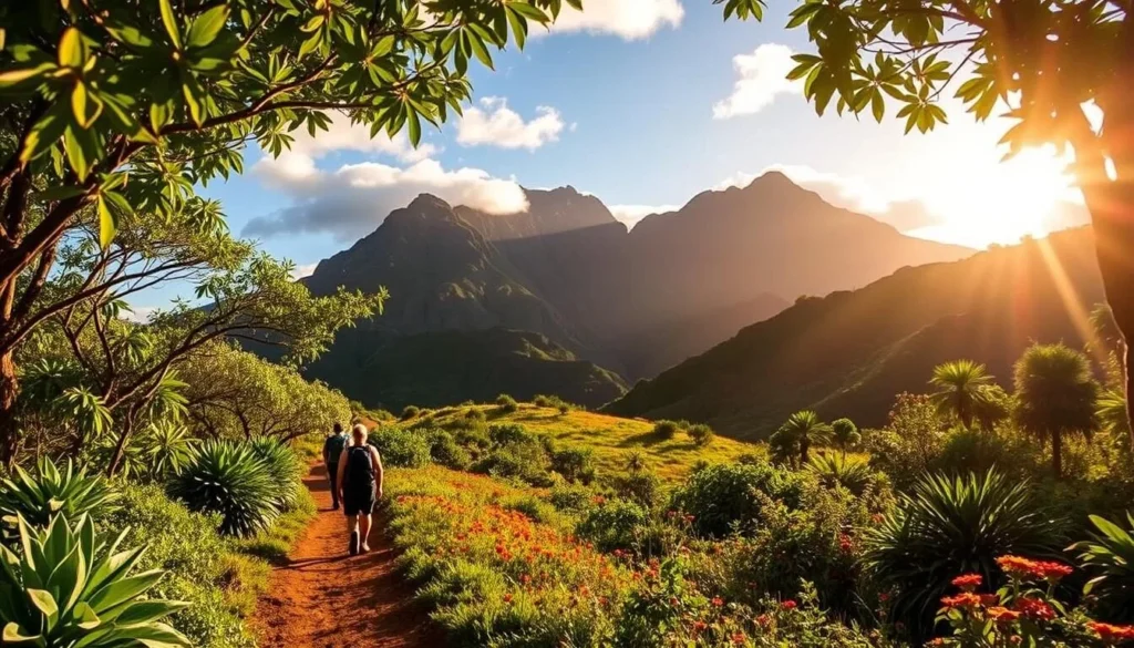A serene and sun-dappled Munro Trail on the island of Lanai, Hawaii. Lush, tropical foliage frames the winding path, which leads through a verdant valley dotted with vibrant wildflowers. Rugged volcanic peaks rise majestically in the distance, their slopes bathed in warm, golden light. Hikers traverse the trail, their silhouettes creating a sense of adventure and exploration. The scene radiates a tranquil, inviting atmosphere, perfectly capturing the essence of planning an unforgettable Munro Trail adventure.