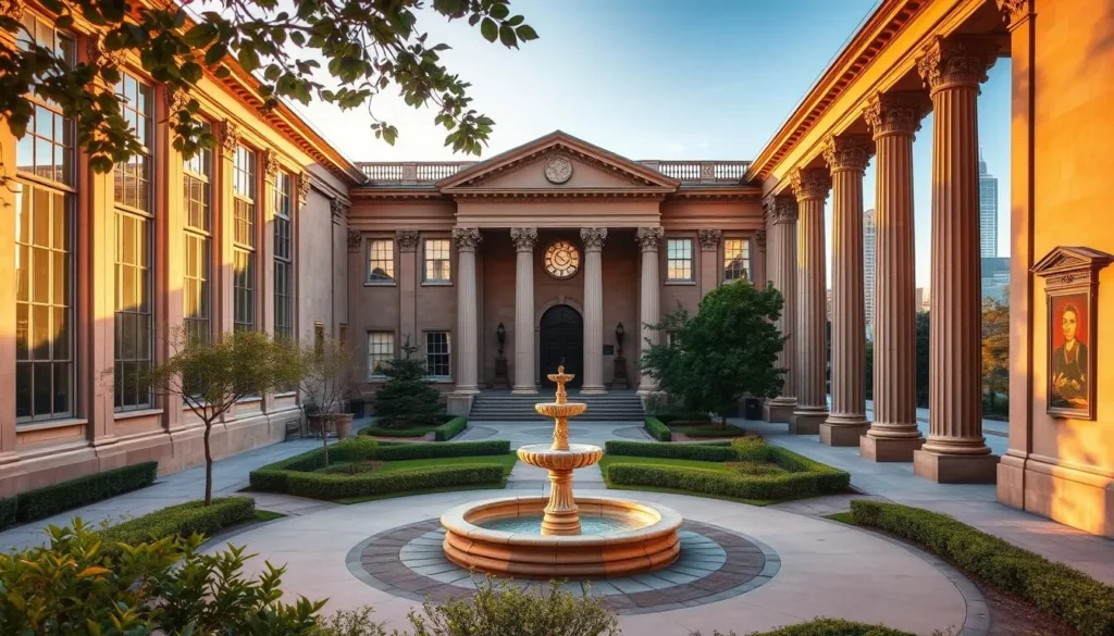 A serene art museum nestled in the heart of Cape Girardeau, Missouri, bathed in warm, natural light filtering through large windows. The grand, classical facade invites visitors to explore the curated collection within. In the foreground, a tranquil courtyard with a central fountain and lush greenery sets the stage for a peaceful artistic journey. The middle ground showcases the museum's impressive architecture, with ornate columns and intricate details that command attention. The background features the vibrant city skyline, providing a picturesque backdrop to this oasis of art and culture.