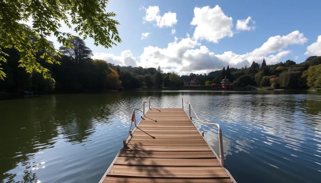 A serene autumn day at Golden Gate Park's tranquil lake. Sunlight gently dances on the still, glassy surface, reflecting the lush greenery of the surrounding foliage. In the foreground, a wooden dock stretches out, inviting visitors to stroll and admire the scenic vistas. Fluffy white clouds drift overhead, casting soft shadows across the landscape. In the distance, the iconic silhouette of the Japanese Garden pagoda can be seen peeking through the trees. The overall atmosphere evokes a sense of peaceful relaxation, perfect for exploring this lesser-known gem within the park.