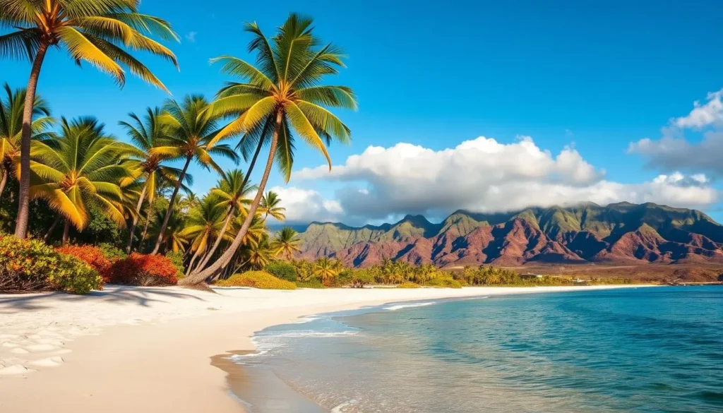 A serene autumn landscape on the island of Hawaii, showcasing the lush tropical foliage and vibrant blue skies. In the foreground, a pristine white sand beach curves gracefully, with gentle waves lapping at the shore. Tall coconut palms sway in the gentle breeze, casting dynamic shadows on the ground. In the middle ground, rugged volcanic mountains rise up, their peaks shrouded in wispy clouds. The overall scene exudes a sense of tranquility and natural beauty, perfectly capturing the essence of Hawaii during the fall season.