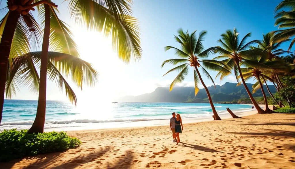 A serene beach on the picturesque island of Kauai, Hawaii. The sun's warm glow illuminates the lush, verdant landscape, with swaying palm trees lining the shore. In the foreground, a couple strolls along the soft, golden sand, taking in the breathtaking view of the azure waters and distant mountains. The scene conveys a sense of tranquility and relaxation, inviting the viewer to imagine a budget-friendly vacation on this tropical paradise. The image is captured with a wide-angle lens, highlighting the expansive, natural beauty of the island. The overall mood is one of serenity and adventure, perfectly capturing the essence of a budget-friendly Kauai getaway.