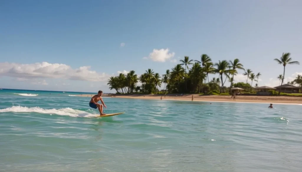 A serene beach scene at Baldwin Beach Park, Maui, Hawaii. In the foreground, a surfer glides effortlessly on a wooden boogie board, riding the gentle waves. The sun's warm rays cast a golden glow, reflecting off the clear turquoise waters. In the middle ground, other swimmers and beachgoers enjoy the tranquil conditions, while in the background, lush palm trees sway gently in the breeze. The overall atmosphere is one of relaxation and natural beauty, capturing the essence of a perfect day at this picturesque Hawaiian destination.