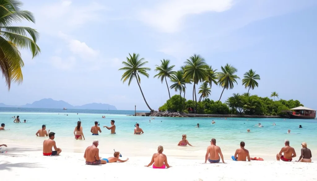 A serene beachfront scene on Koh Rong Samloem Island, Cambodia. In the foreground, a group of people engage in various activities - swimming, snorkeling, and relaxing on the soft, white sand. The crystal-clear turquoise waters stretch out in the middle ground, reflecting the bright, cloudless sky. In the background, lush, verdant palm trees sway gently in the warm, tropical breeze. The overall atmosphere is one of tranquility and relaxation, capturing the essence of the island's best activities.