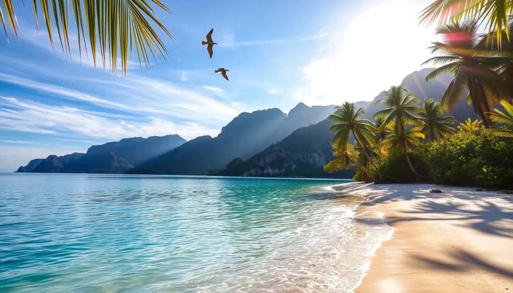 A serene beachscape on Con Dao Island, Vietnam. Glistening azure waters lap against a pristine sandy shore, framed by lush tropical foliage. Warm sunlight filters through swaying palm trees, casting a golden glow over the tranquil scene. In the distance, rugged mountains rise up, their peaks capped with wispy clouds. A pair of seabirds soar overhead, their graceful movements reflected in the calm, mirror-like surface of the sea. The atmosphere is one of relaxation and natural beauty, perfectly capturing the essence of this idyllic island getaway.