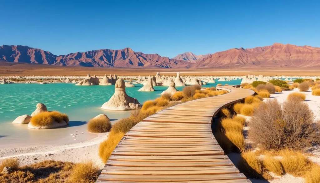 A serene boardwalk trail winds through the otherworldly landscape of Mono Lake, California. The foreground features the wooden planks of the trail, leading the viewer towards the mesmerizing turquoise waters and bizarre tufa formations in the middle ground. Towering mountains rise in the distant background, their peaks bathed in warm, golden light. The scene evokes a sense of tranquility and natural wonder, inviting the viewer to explore this unique geological marvel. Capture the scene with a wide-angle lens, showcasing the breadth of this scenic hiking trail around Mono Lake on a picturesque summer day.