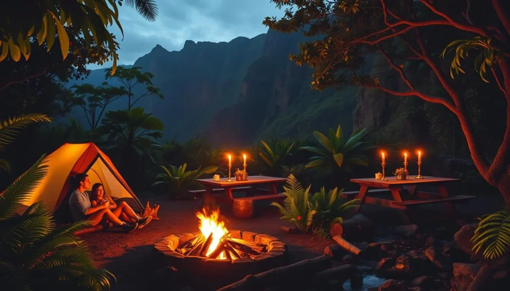 A serene campsite nestled amidst lush Hawaiian foliage, with a cozy tent pitched next to a crackling fire pit. In the foreground, hikers relax on logs, roasting marshmallows and gazing up at the starry night sky. The middle ground features a picnic table adorned with tiki torches, surrounded by verdant ferns and tropical flowers. In the background, the majestic Kalalau cliffs rise up, their towering silhouettes reflected in a nearby stream. Warm, diffused lighting bathes the scene, creating a peaceful, inviting atmosphere for campers to enjoy the beauty of the Kauai wilderness.