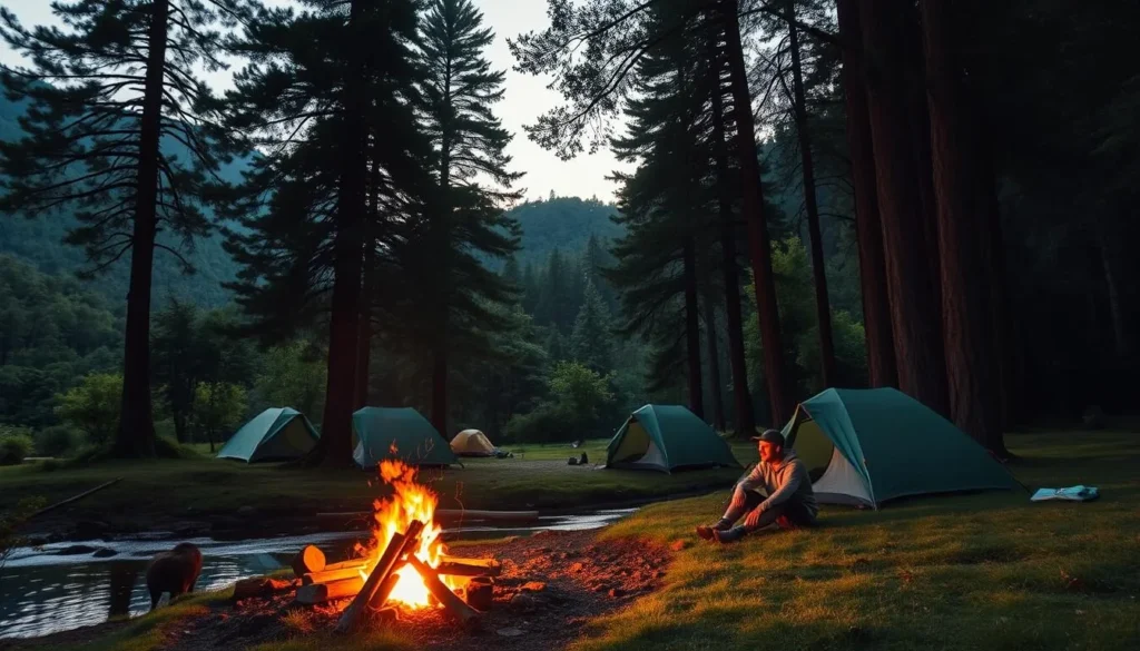 A serene campsite nestled amidst the lush, verdant landscapes of Kirirom National Park. Towering pines cast long shadows over neatly pitched tents, their silhouettes reflecting in the still waters of a nearby stream. In the foreground, a cozy campfire crackles, its warm glow illuminating the faces of hikers enjoying a relaxing evening. The sky is painted in hues of golden hour, the sun's gentle rays filtering through the canopy of leaves above. A sense of tranquility and connection with nature pervades the scene, inviting the viewer to imagine themselves immersed in the peaceful ambiance of this picturesque camping destination.