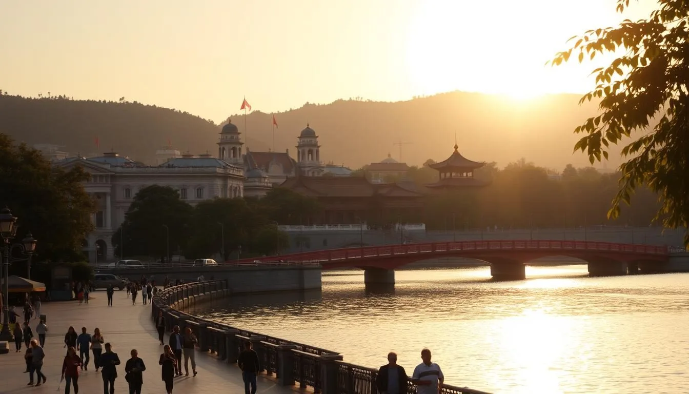 A serene cityscape of Hanoi on a pleasant day, with the iconic Hoàn Kiếm Lake as the centerpiece. The sun casts a warm, golden glow over the scene, illuminating the historic architecture and bustling streets below. In the foreground, people stroll along the lakeside promenade, enjoying the tranquil atmosphere. The middle ground features the distinctive red bridge and Ngoc Son Temple, while the background is dominated by the lush, verdant hills surrounding the city. The image conveys a sense of harmony and vibrant local life, perfectly capturing the essence of Hanoi's best weather-savvy months.