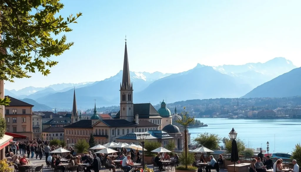 A serene cityscape of Zurich in its prime summer season. In the foreground, a bustling town square is filled with locals and tourists enjoying the warm sunshine, sipping coffee at quaint cafes. The middle ground showcases the iconic spires and domes of the city's historic churches, their architecture casting long shadows. In the background, the snow-capped peaks of the Swiss Alps rise majestically, their rugged beauty mirrored in the calm waters of Lake Zurich. Soft, diffused lighting illuminates the scene, creating a tranquil, postcard-worthy atmosphere. The overall impression is one of a vibrant, weather-blessed city, an ideal destination for a weather-savvy traveler.