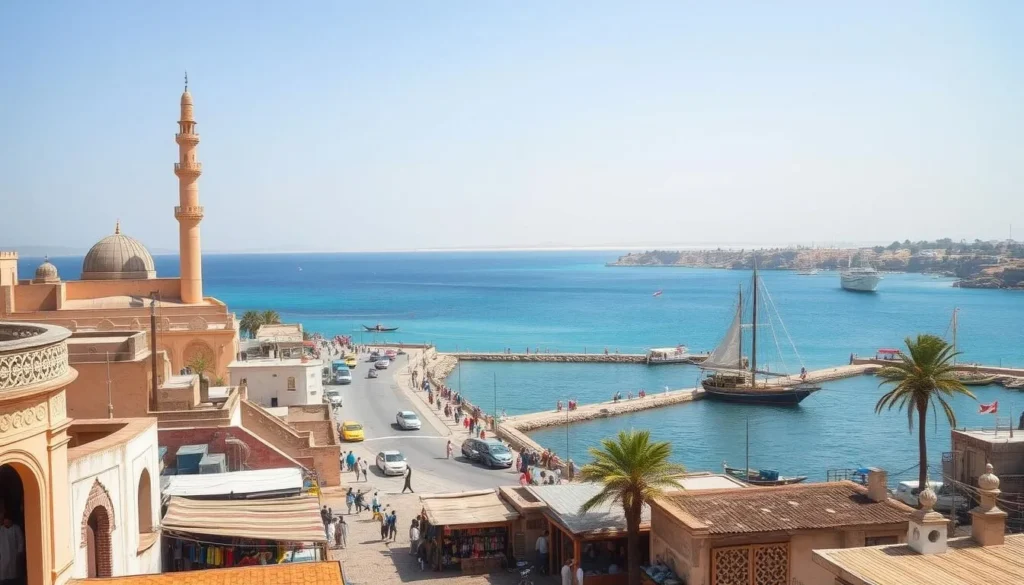 A serene coastal city nestled along the pristine shores of Somalia, Merca boasts a captivating blend of ancient Swahili architecture and modern vibrancy. Capture the bustling harbor, where traditional dhows and fishing boats dot the azure waters, their sails billowing in the gentle breeze. In the foreground, sun-dappled markets teem with local artisans, their vibrant wares spilling out onto the cobblestone streets. Meandering through the historic old town, admire the ornate carved doorways and towering minarets of the city's mosques, casting long shadows across the scene. In the distance, the rugged Somali coastline stretches out, its golden beaches and palm-fringed shores inviting exploration. Infuse the image with a sense of tranquility and cultural richness, showcasing Merca as a true gem along the Somali coast.